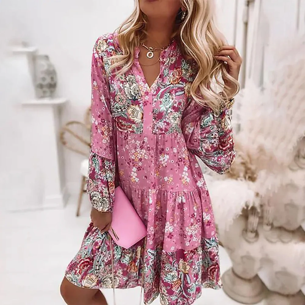 

Retro Floral Print Dress Women Elegant Flare Sleeve Splicing Ruffles Mini Dress Ladies V Neck Loose Bohemian Beach Dresses 2023