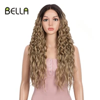 bella lace front wig synthetic pink color transparent lace pink curly hair 27 inch high temperature wig for woman cosplay lolita