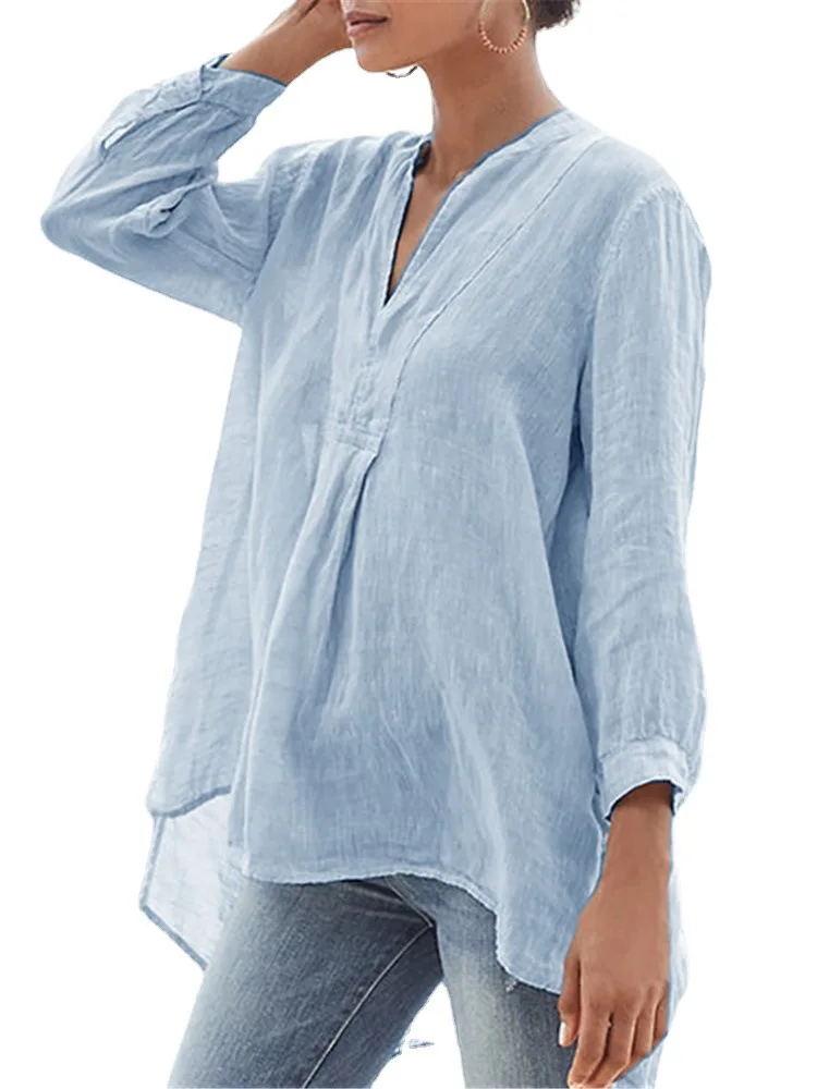 

Beach Cotton Linen Women Casual Tops Fashion Three Quarter Lantern Sleeve V Neck White Black Blue Blouse Blusas De Mujer