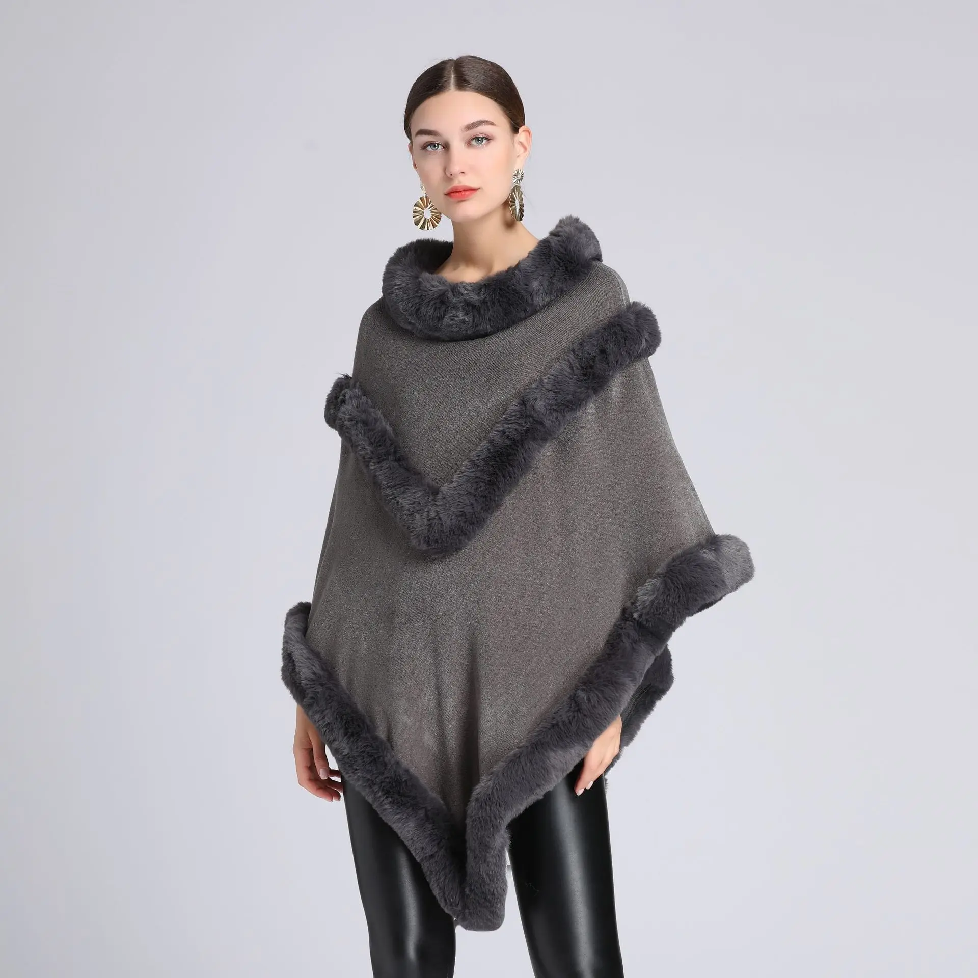 

Double Layer Luxury Imitated Rex Rabbit Fur Cape Coat Shawl Winter Warm Women Knit Poncho Overcoat Girls Loose Faux Fur Wraps