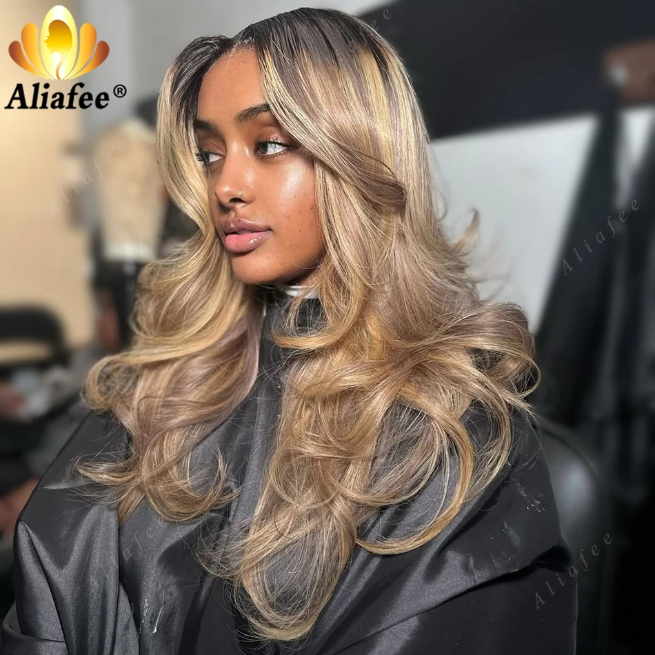 Фото Ombre 2 27 Dirty Blonde 13x6 Объемная волна Кружевные фронтальные парики Коричневые корни Ombre Blonde Предварительно выщипанные парики из 100% человеческих волос для женщин №5