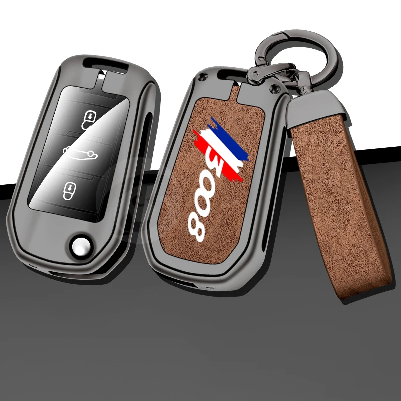 

Alloy Zinc Leather Car Key Cover Case Shell For Peugeot 3008 Hybrid Occasion Keyring Folding Keychain Protector Accessories