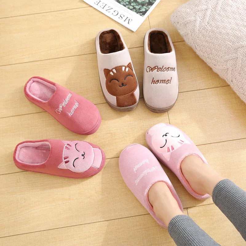Women Winter Home Slippers Cotton Shoes Lovely Cartoon Cat Shoes Non-slip Soft Winter Warm House Slippers Indoor Bedroom Couples