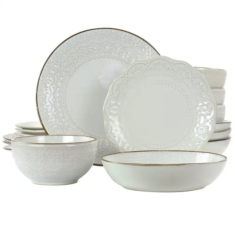 

Countess 16 Piece Embossed Double Bowl Stoneware Dinnerware Set in Ivory Tableware Set Restaurant Home Gift