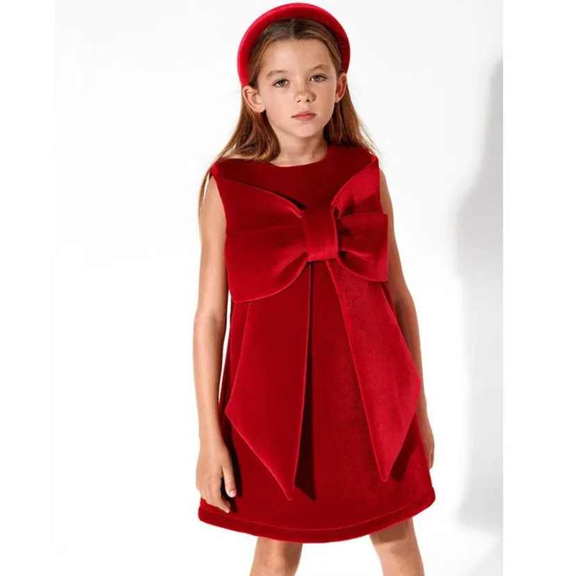 

Red Sleeveless Evening Gown Baby Vintage Christmas Princess Dress For Girls 2022 New Big Bow Kids Clothing A1959