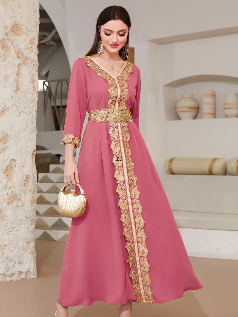 Double Layer Chiffon Asymmetric Maxi Dress for Women Corban Eid Al Adha 2023 Chic Lace Trim V Neck Long Sleeve Arab Dubai Robe