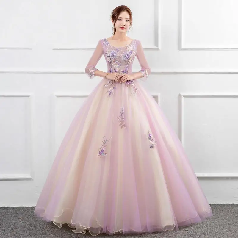 

Exquisite Scoop Neck Sweet Princess Dress Lace Flower Fairy Tulle Ball Gown Half Sleeve Beading Floor-length Quinceanera Dresses