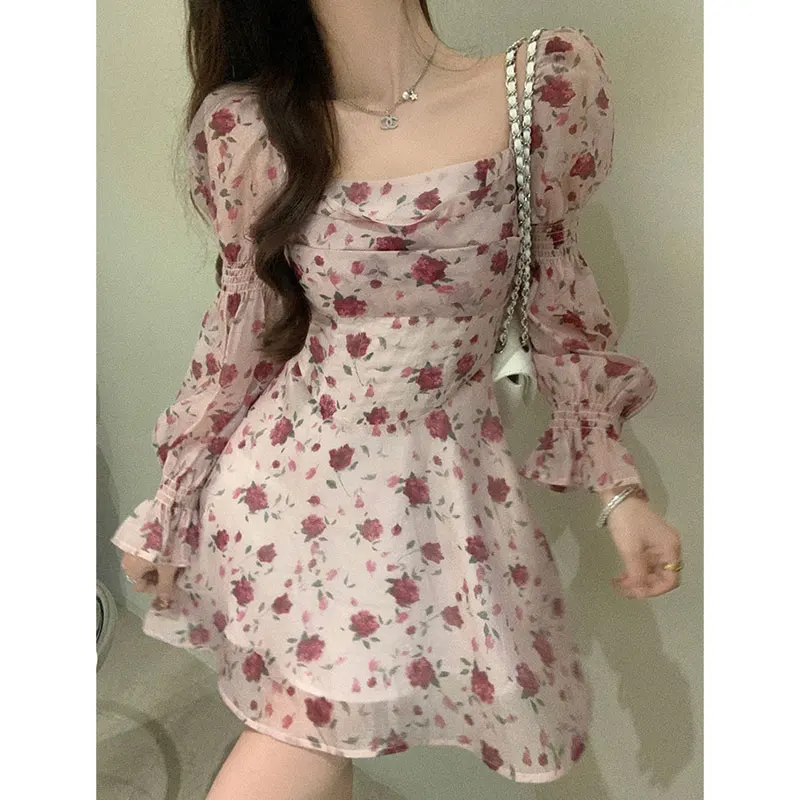 

Korean Floral Pink Mini Dress Woman Spring Sweet Backless Long Sleeve Dress Party Elegant One Piece Princess Style A Line Dress