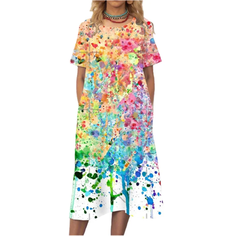 

Fashion Tie Dye Floral Midi Dress Women Short Sleeve With Pocket Print Casual Dress Oversized 5XL Vintage Dress Vestido De Mujer