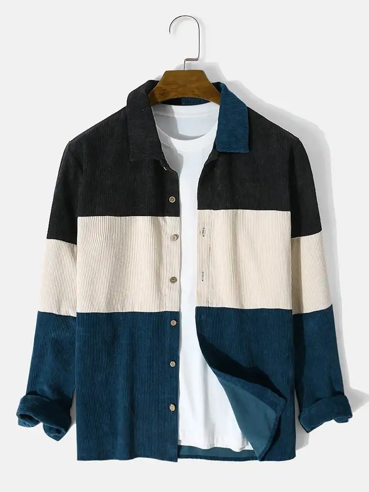 

Charmkpr Tops 2023 Men's Corduroy Color Block Stitching Blouse Casual Streetwear Male All-match Simple Long Sleeve Shirts S-2XL