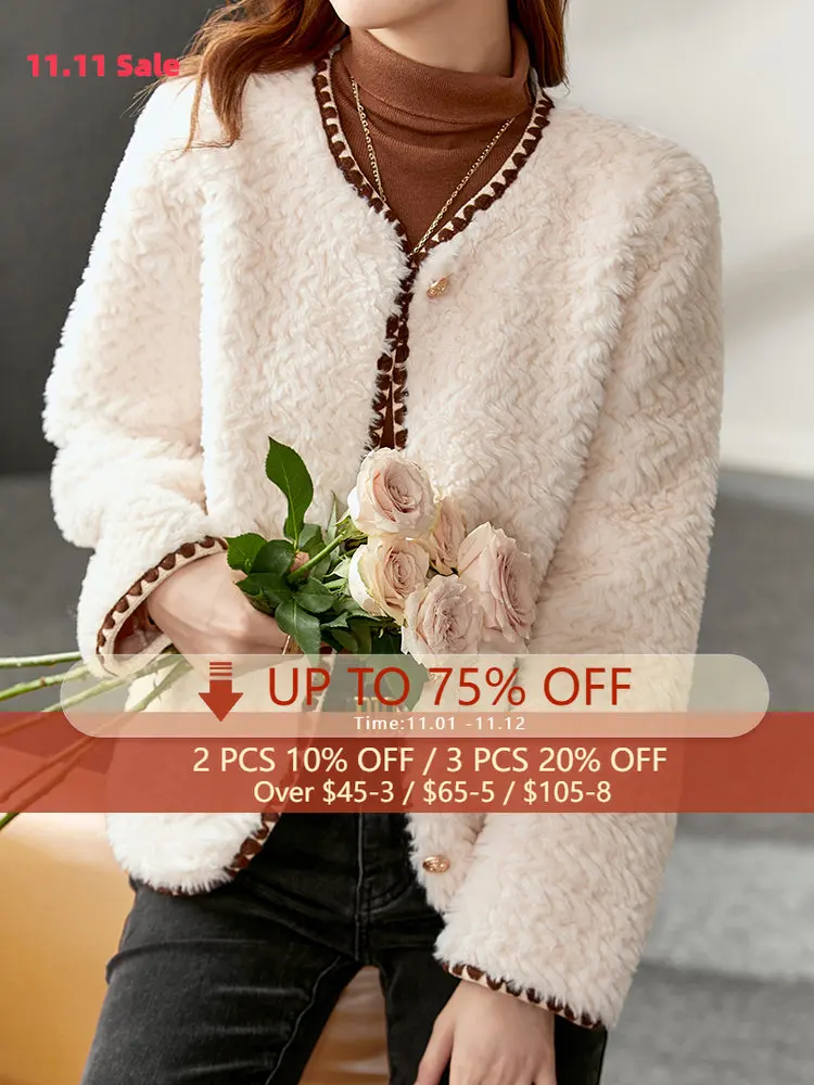 Vimly Short Fluffy Jacket Women 2022 Fashion Luxury Winter O Neck Warm Faux Fur Coat for Office Ladies Female Overcoat 50390