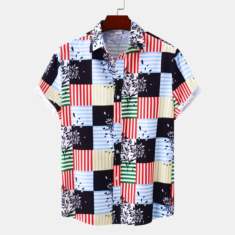 

Funky Fashion Square Floral Print Mens Hawaiian Shirt Short Sleeve Casual Button Down Beach Aloha Shirt Men Party Holiday Blouse