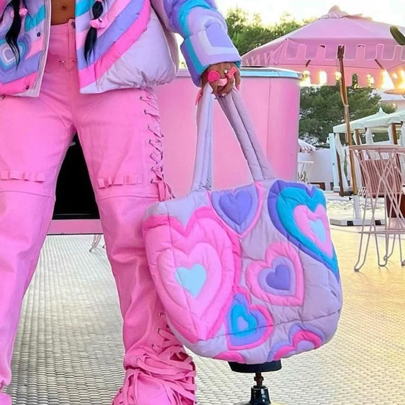 

Colorful Casual Heart Padded Women Shoulder Bags Designer Quilted Lady Handbags Nylon Down Cotton Tote Bag Sweet Puffy Purses