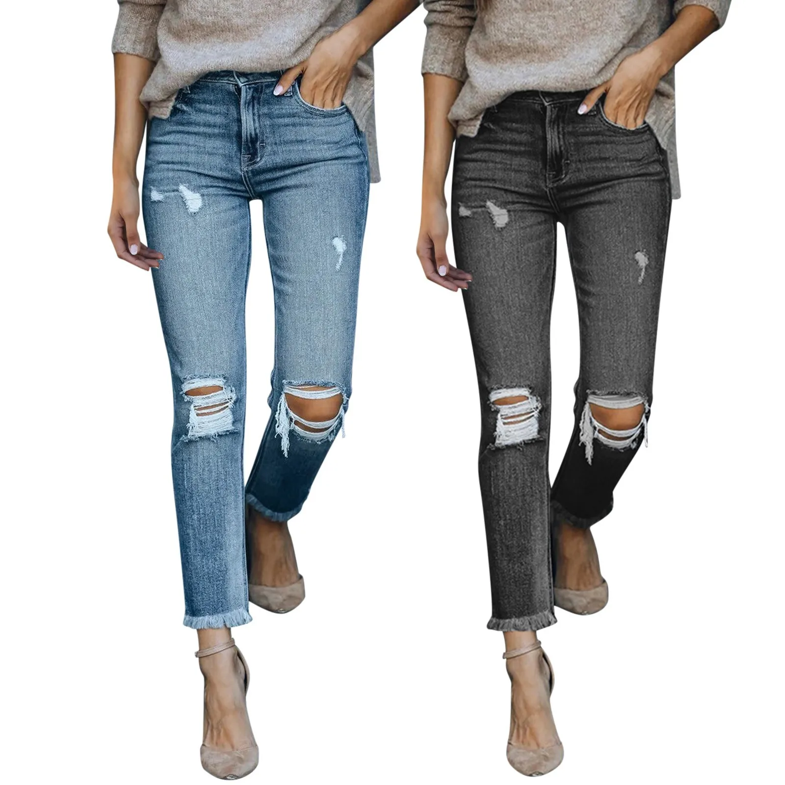 

New Denim Jeans For Women's Clothing Retro Mujer Sexy Hole Jeans Ripped Flare Trousers Street Skinny High Waist Lady Pants 2022J