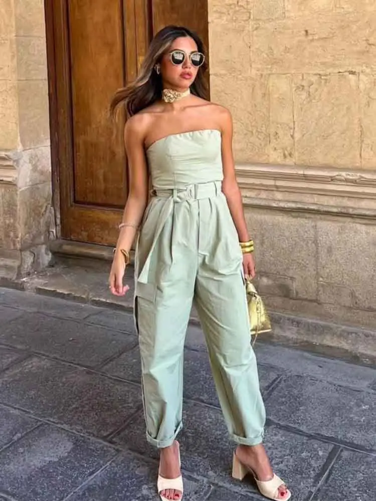 

Women 2023 New Chic Fashion Summer Tube Top Work Clothes Jumpsuits Vintage Backless Waistband Female Playsuits Mujer