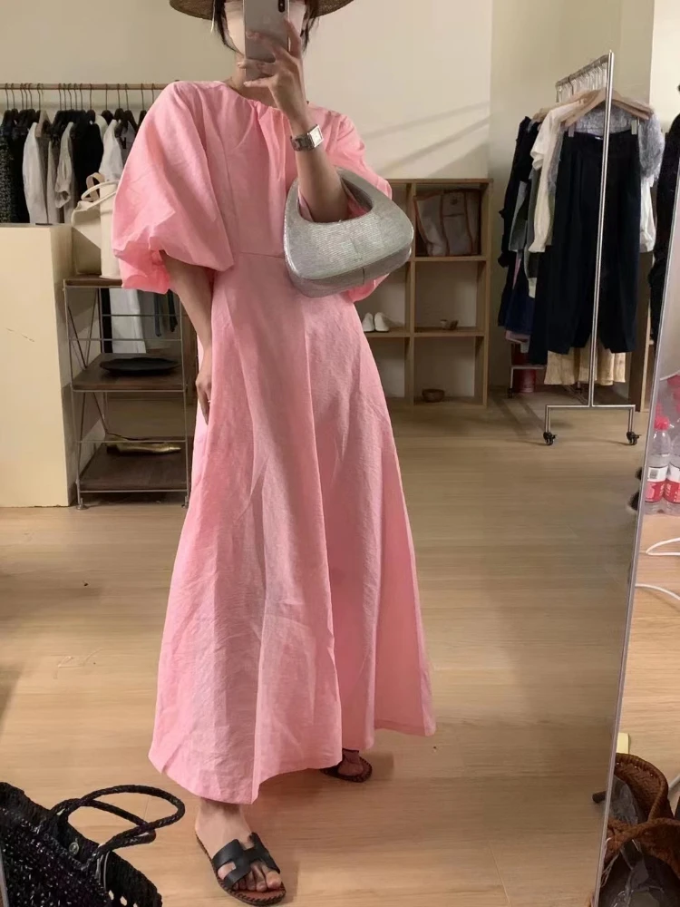 

Women Dress 2022 Summer New Casual Solid Color Slim Lantern Sleeve Long Ankle Length Ladies Dress