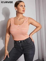 icurvee fashion square neck striped tanks tops 2022 summer sleeveless backless sexy camis buttons casual party beach club tunic