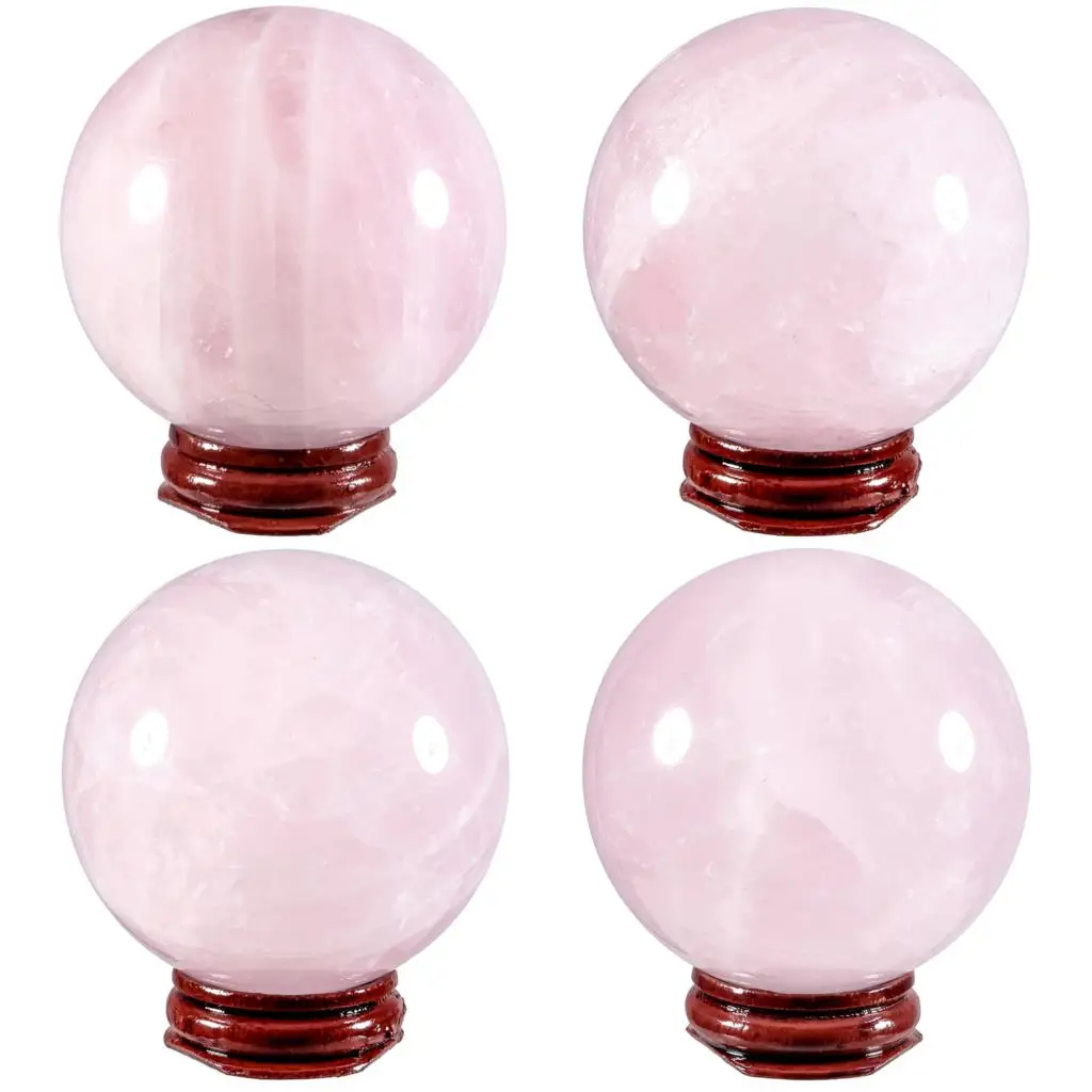 60-65mm/65-70mm Natural Rose Quartz Crystal Ball With Wood Stand Healing Stone Sphere Sculpture For Room Desktop Decoration