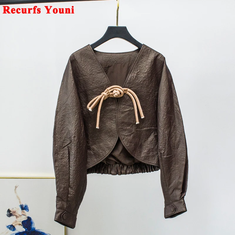 

2022 Leather Jacket For Women Autumn Korean Fashion Stone Grain Real Lambskin Puff Sleeves Short Coat Brown Jaqueta Feminina