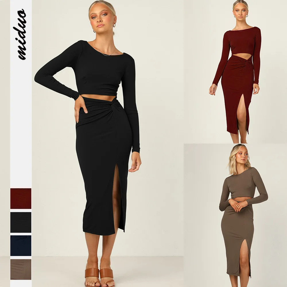 

Autumn new product tight-fitting twisted split long-sleeved hollow female dress slim slimming buttocks sexy skirt