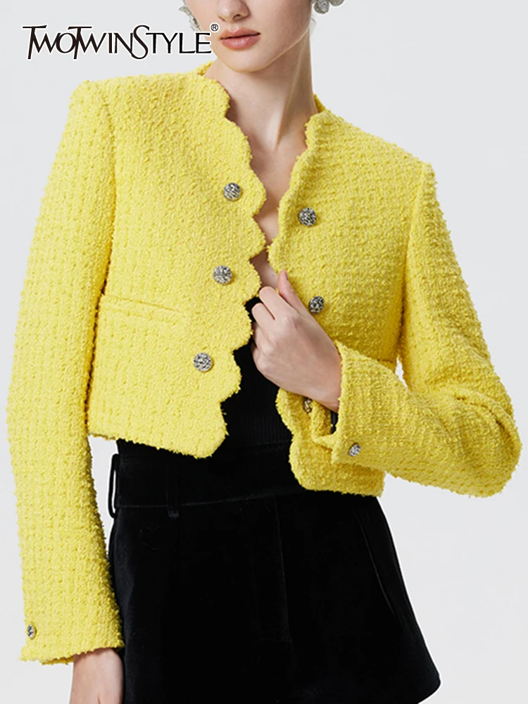 

TWOTWINSTYLE Solid Temperament Coats For Women V Neck Long Sleeve Patchwork Double Breasted Vintage Coat Female Fashion Clothing