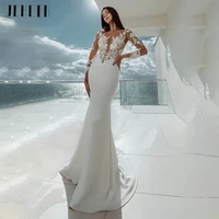 long sleeves mermaid wedding dresses white sexy illusion neck lace appliques elegant bridal robe gowns beach vestidos de noiva