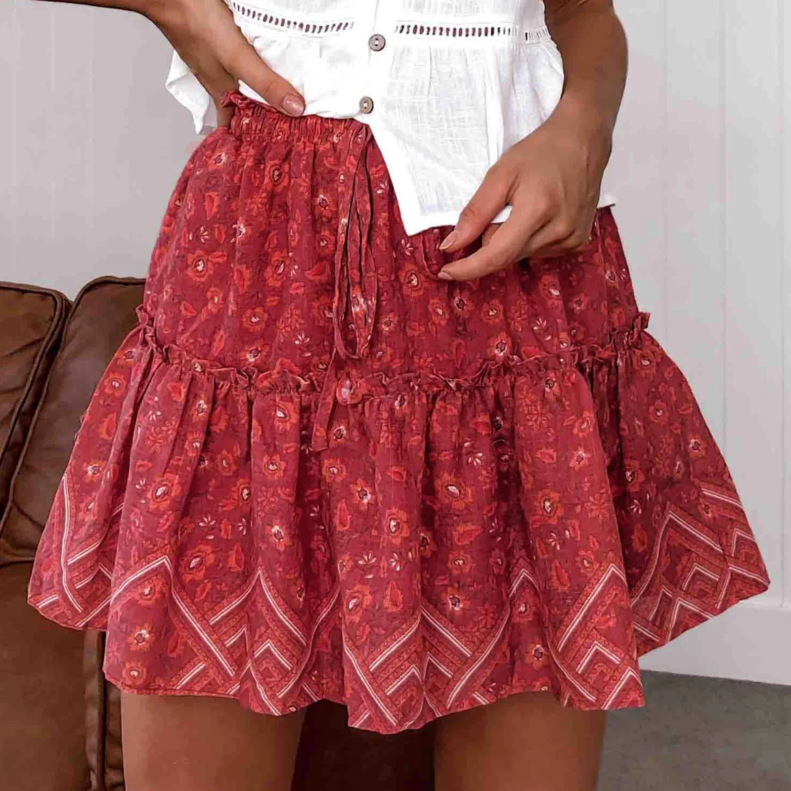 

Ruffles A-Line Pleated Casual Fashion SKirt Women Summer Print Short Skirt