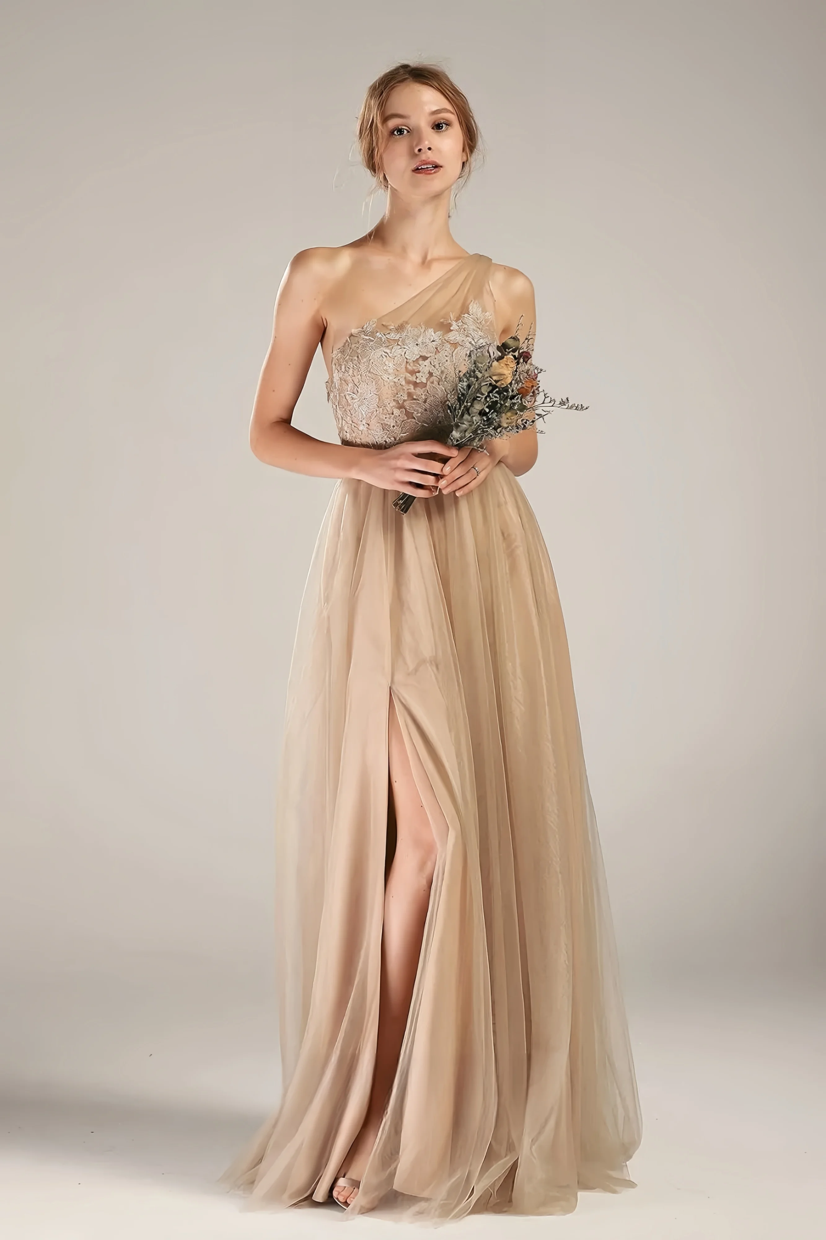 Элегантное платье подружки невесты цвета хаки на одно плечо с низкой спинкой