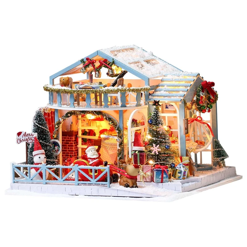

Christmas DIY Doll House Snow Night House Model Santa Claus Elk DIY House Office Bedroom Desktop Craft Gift