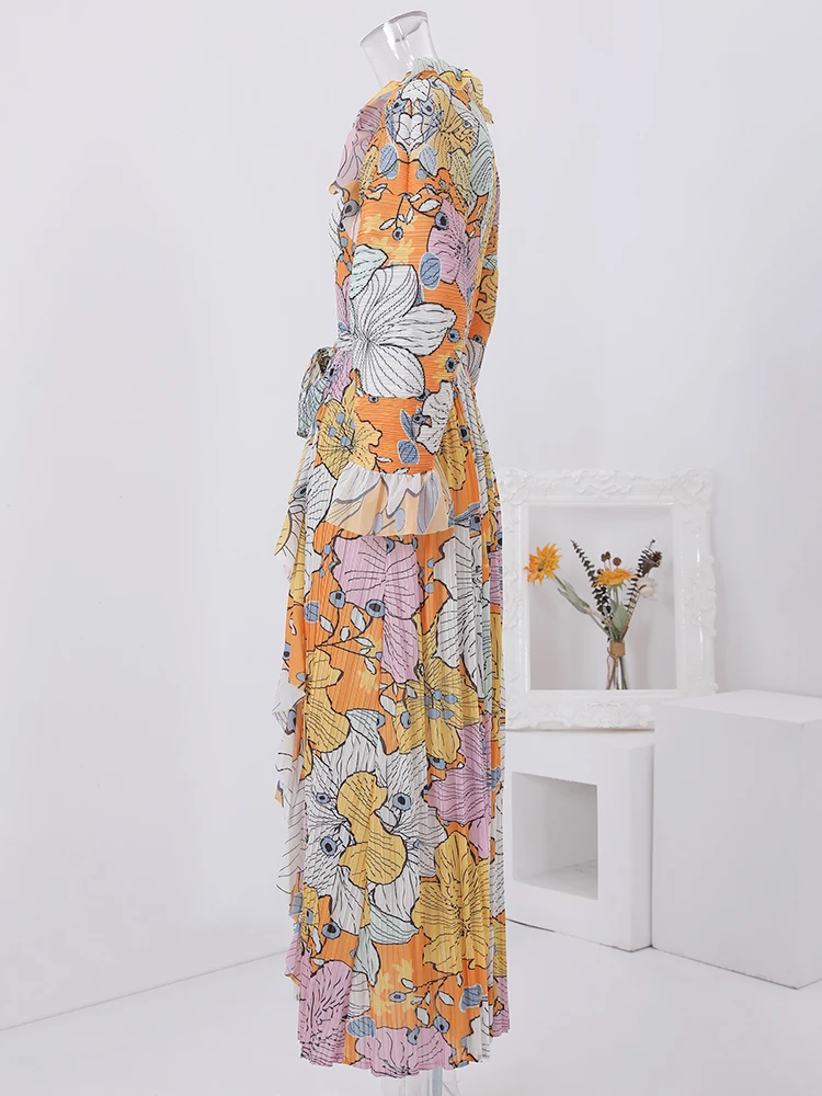 Платье длинное Плиссированное с поясом и оборками 32C731