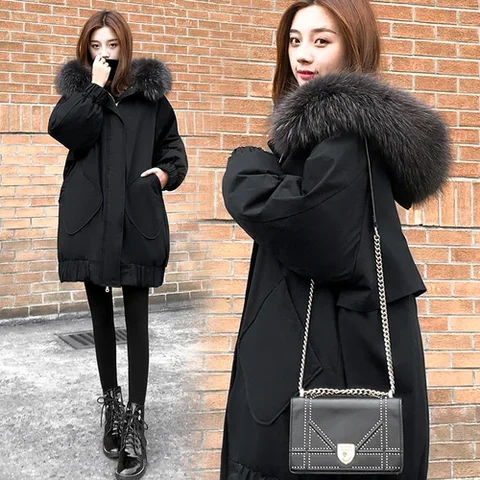 Женское длинное пальто с меховым воротником Tom Hagen, черная теплая парка с капюшоном в Корейском стиле, куртка-пуховик размера плюс, для зимы