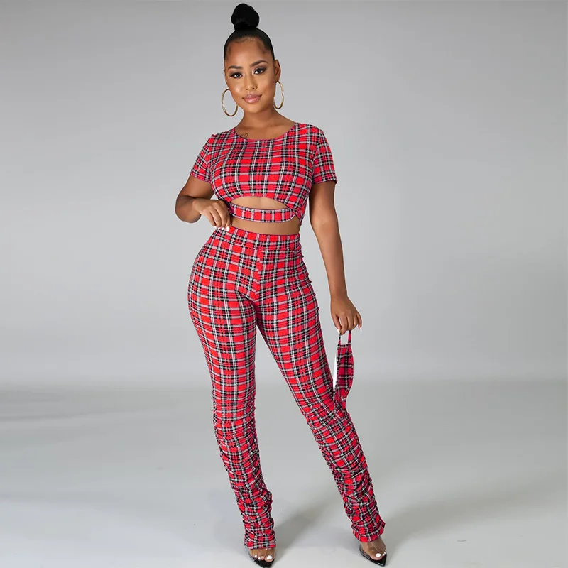 

Summer Plaid Two Piece Set Women Fashion Casual Plaid Print Short Tops Stacking Trousers Two Piece Set Women