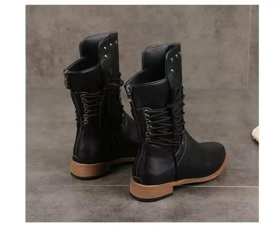 Classic Sexy Woman Mid Calf Boots Women Lace Up Rivet Low Heels Female Zip Footwear Ladies Leather Short Boots Women's Shoes