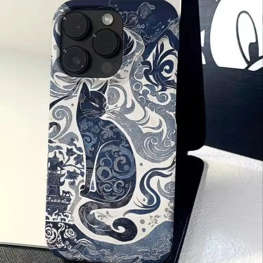 kreatywny INS Cat Totem Ink Tattoo Auspicious Artistic Fashion Etui na telefon iPhone 15 14 11 12 13 Pro Max Plus Back Cover