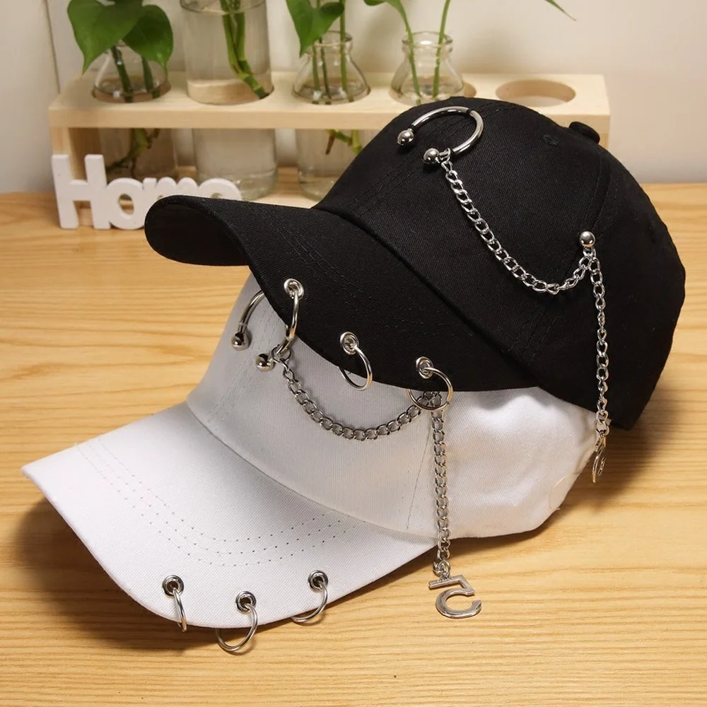 

Versatile Ring Chains Baseball Cap Female Summer Fitted Caps Casual Streetwear Student Snapback Hat Black Sunshade Hip Hop Hat