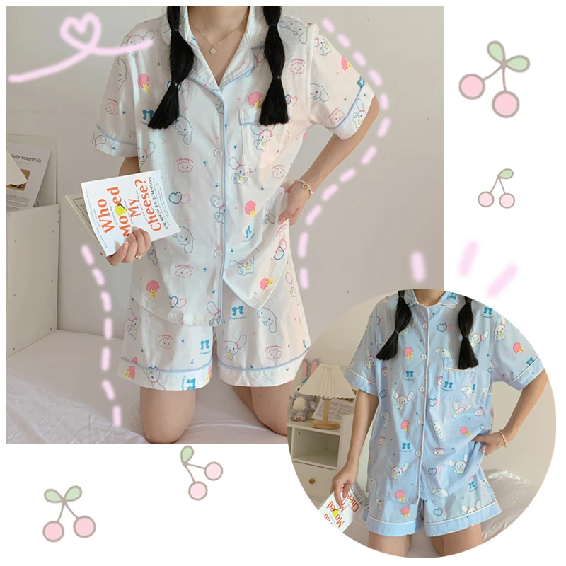 

PINK Sanrioed Kawaii Summer Short Sleeve Pajama Set My Melody Cinnamoroll Anime Cotton Cute Lapel Printed Pajamas Girly Style