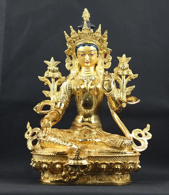 

33CM LARGE BUDDHISM TOP GOOD BUDDHA FIGURE HOME BLESS TALISMAN PROTECTION- GILDING TIBETAN GREEN TARA BUDDHA BRASS STATUE