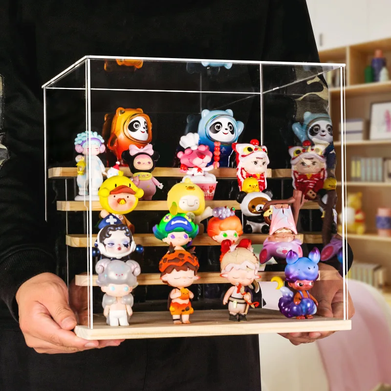 

Clear Acrylic Display Box For Lego&Popmart Doll Storage；Wood Blind Display Box Dustproof Organizer Case For Figure Handmade Doll