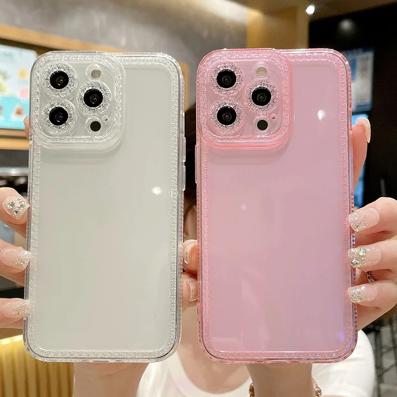 

Luxury Crystal Diamond Pattern Clear Case for iPhone 13 12 11 Pro Max X XR XS 7 8 Plus SE2022 2020 lens protection Soft Cover