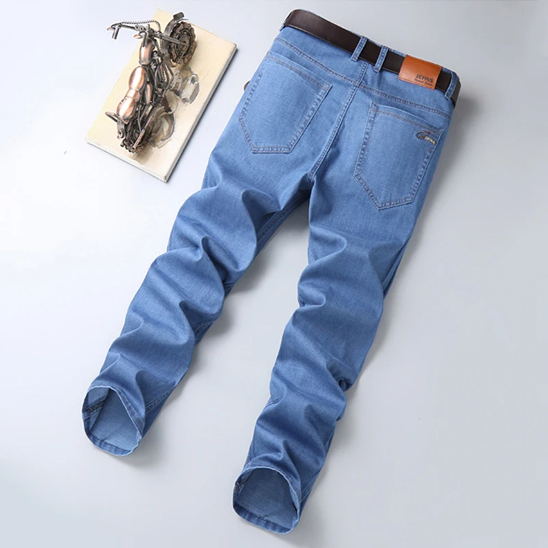 Thoshine Brand Spring Summer Men Thin Jeans Elastic Straight Fit Male Denim Pants Lightweight Stretch Casual Trousers
