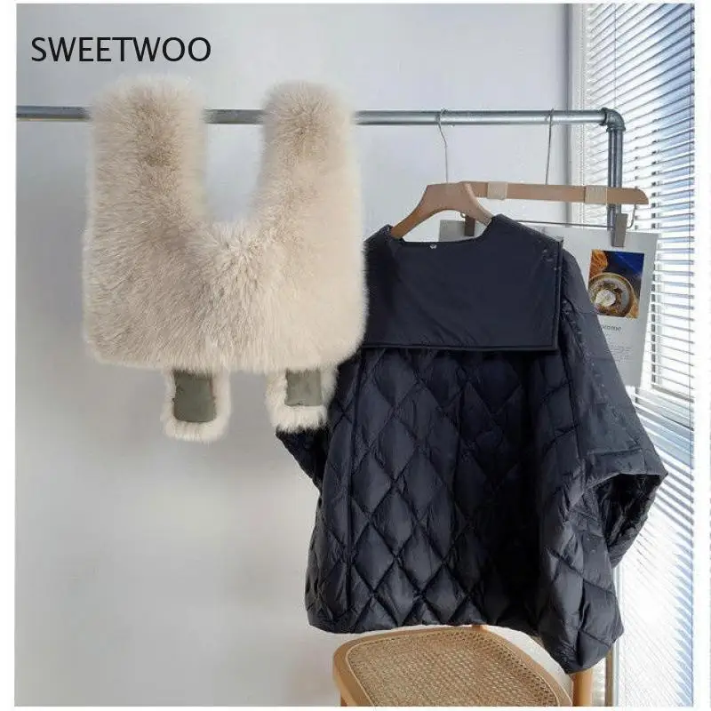 Women Winter Faux Fox Fur Warm Coats Vintage Leather Female Thick Jackets Casual Street Lady Collar Loose Removable Navy Collar