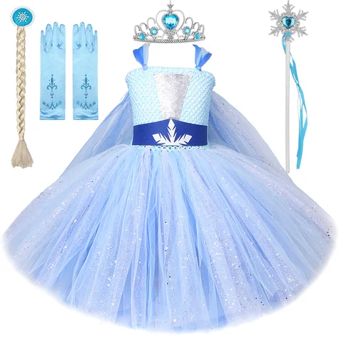 Длинное блестящее платье Эльзы для девочек с накидкой, детские рождественские костюмы Снежной Королевы, наряд для Хэллоуина, дня рождения, вечеринки, бальное платье принцессы