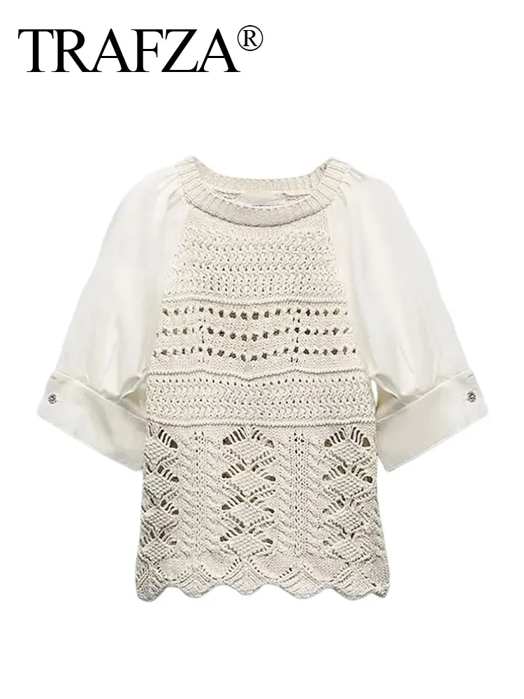 

TRAFZA 2023 Fashion Wavy Hem Round Neck Short Sleeve Slim Sweater Women's Short Tops Summer Hollow Knitted Women's Sweater