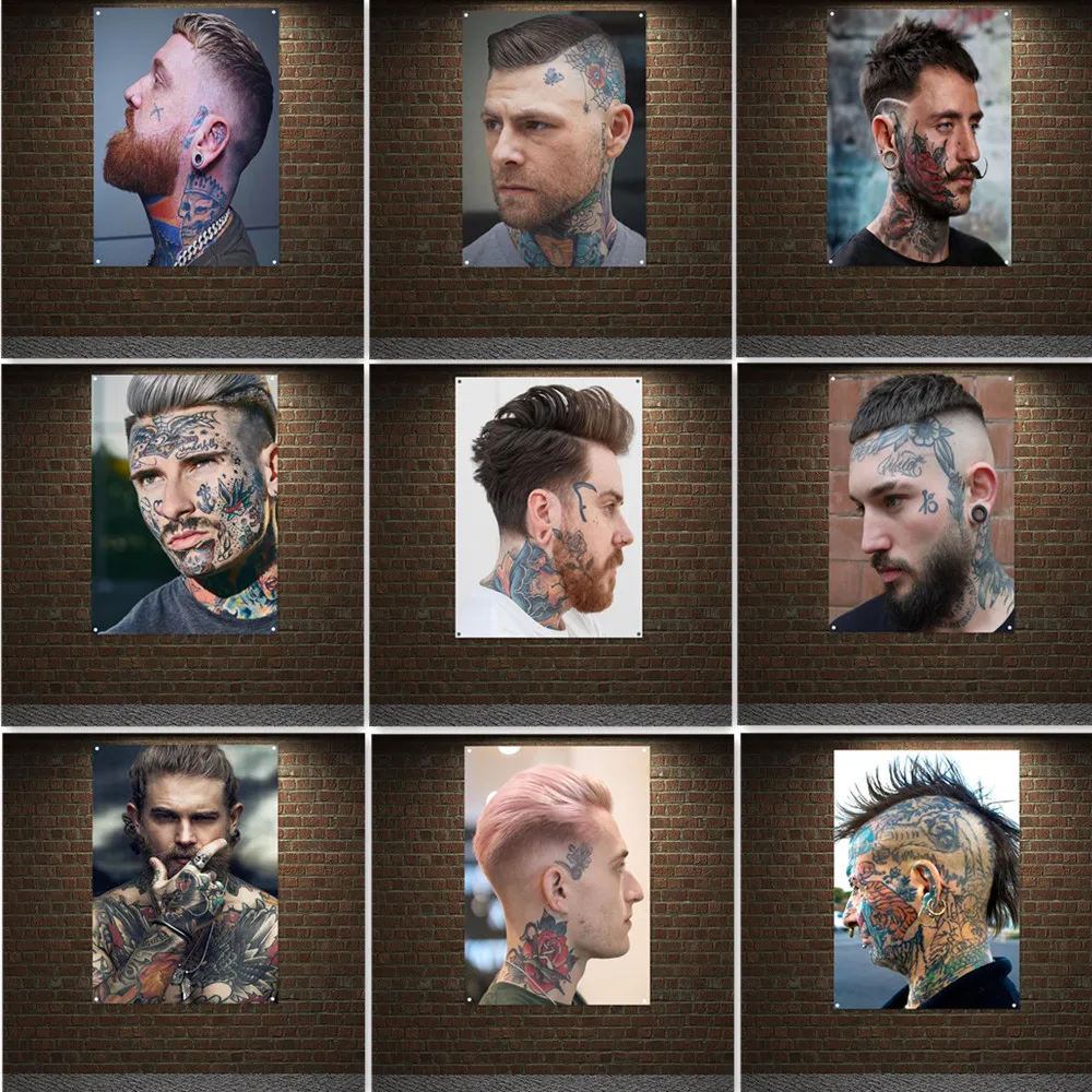 

Мужское лицо и голова тату прически плакат настенный висячий фотография парикмахерский тату-салон Настенный декор баннер настенная живопись