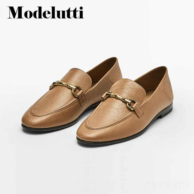 

Modelutti 2022 Spring Autumn England Style Fashion Solid Simple Leather All-match Casual Women Gold Slip-On Flat Shoes Female