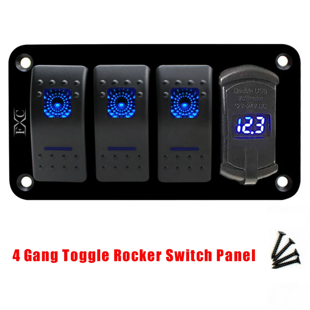 

12V / 24V 4 Gang Toggle Rocker Switch Panel With USB For Car Boat Marine RV Truck Blue LED Universal Waterproof Accessories