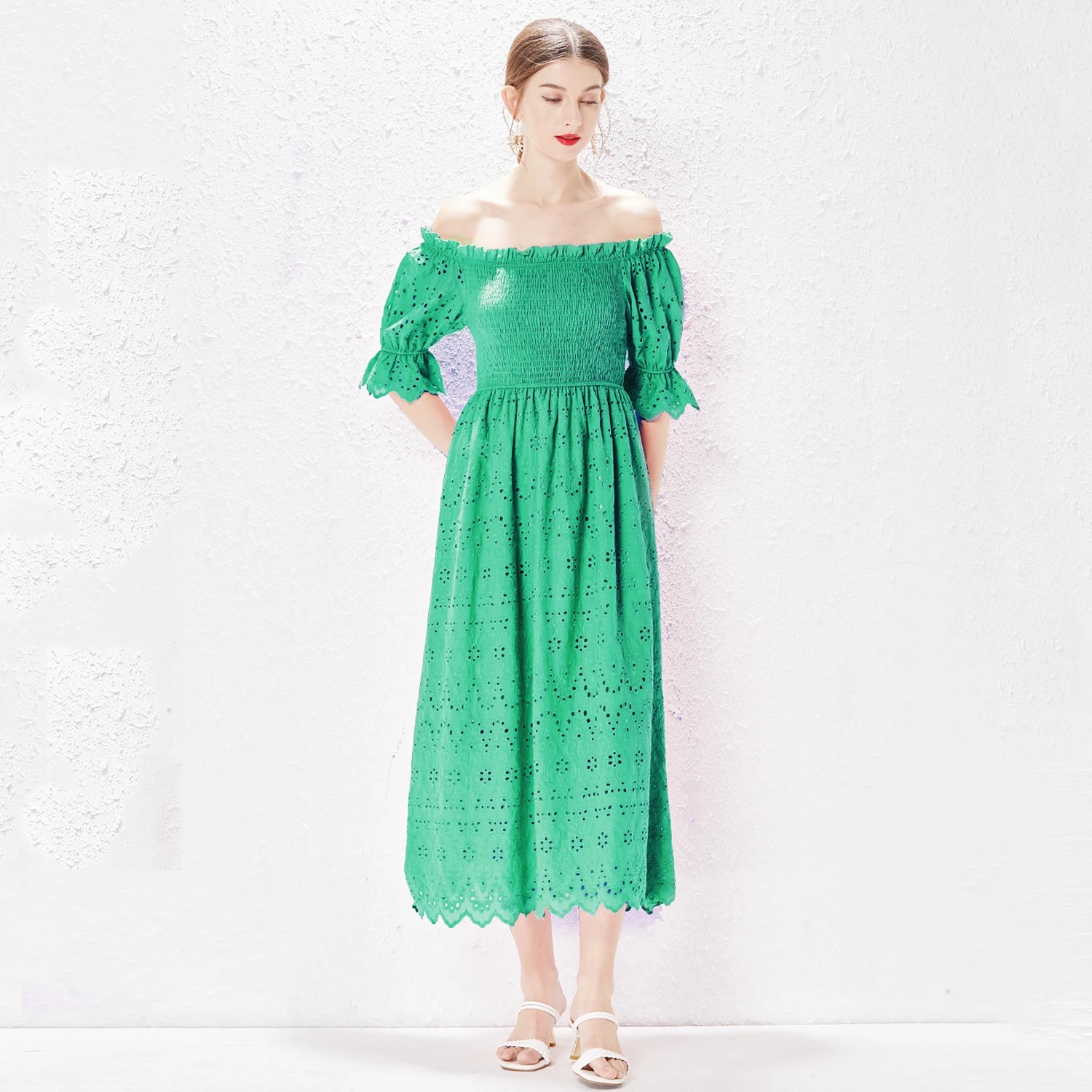 

SuperAen 2022 Summer Retro Lace Hollow Out Waist Slim Slash Neck Solid A-LINE Casual Mid-Calf Dresses for Women