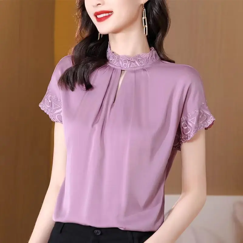 

2023 Summer New Temperament Solid Color Stand Collar Short Sleeve Blouse Ladies Fashion Hollow Out Shirts Women Clothing Elegant