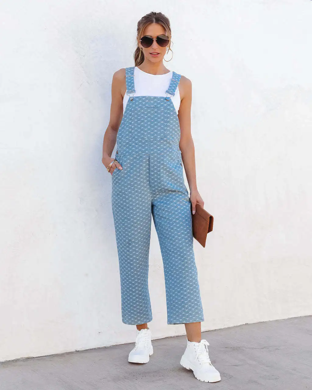 Women's Spring Summer New Washed Jacquard Denim Overalls Jumpsuits Love Print Sleeveless Denim Jumpsuit Loose Ankle Length Pants