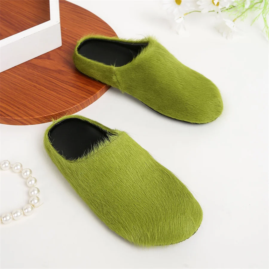 Мужские и женские шлепанцы тапочки из конского волоса на плоской подошве меховые